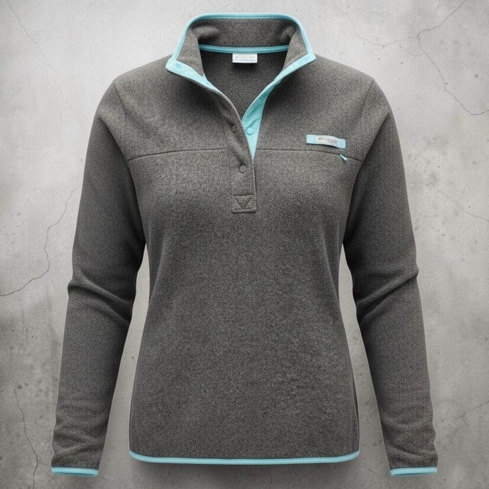 Columbia PFG Harborside T-Snap Fleece Womens Medium Gray Teal Contrast Cabincore